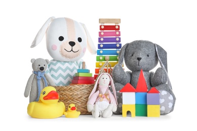 Photo of Set of different toys on white background