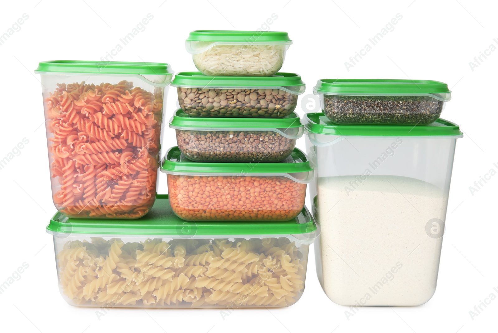 Photo of Plastic containers filled with food products isolated on white