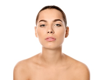 Photo of Portrait of beautiful young woman on white background. Lips contouring, skin care and cosmetic surgery concept