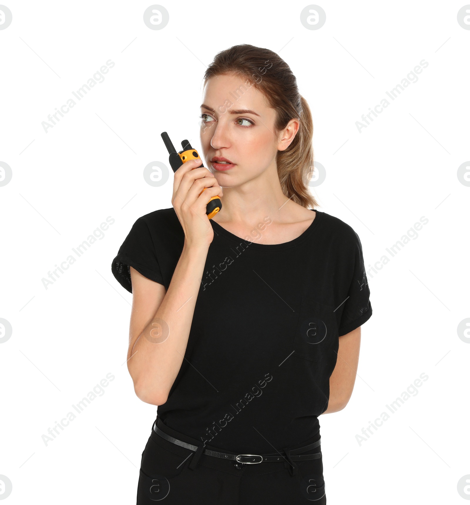 Photo of Female security guard in uniform using portable radio transmitter on white background