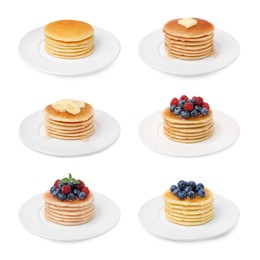 Image of Set of tasty pancakes with toppings isolated on white