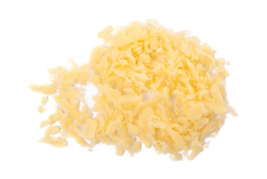 Photo of Pile of tasty grated cheese isolated on white, top view