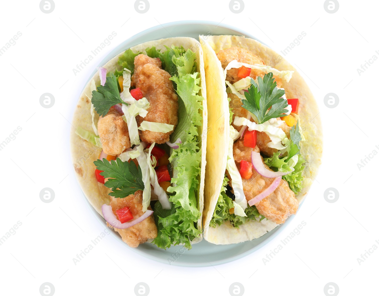 Photo of Yummy fish tacos isolated on white, top view