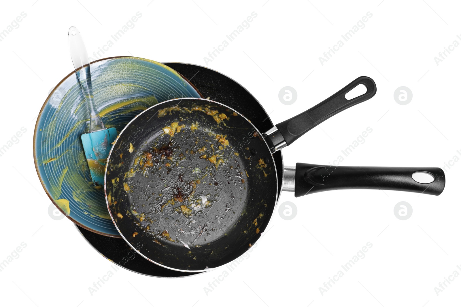 Photo of Many different dirty dishes on white background, top view