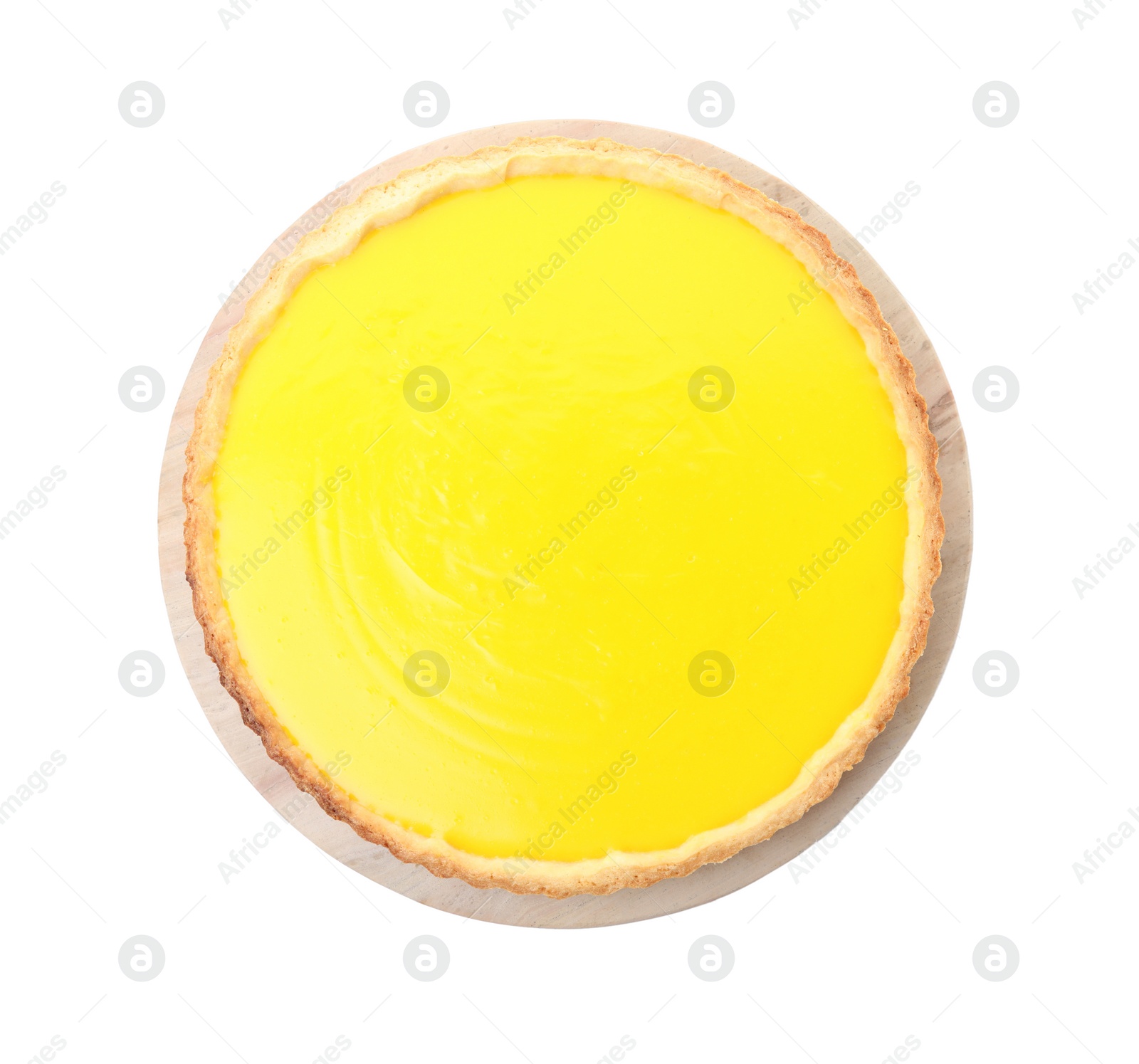 Photo of Delicious homemade lemon pie isolated on white, top view