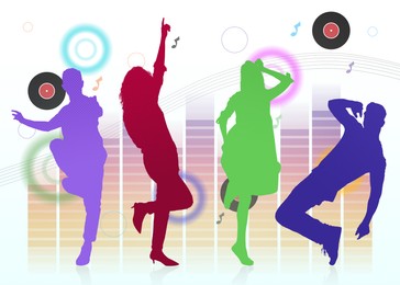 Illustration of Colorful silhouettes of people dancing on white background. Illustration