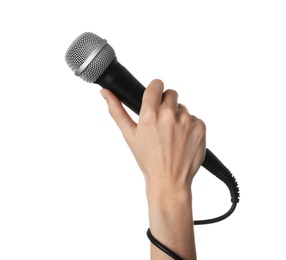 Woman holding dynamic microphone on white background, closeup