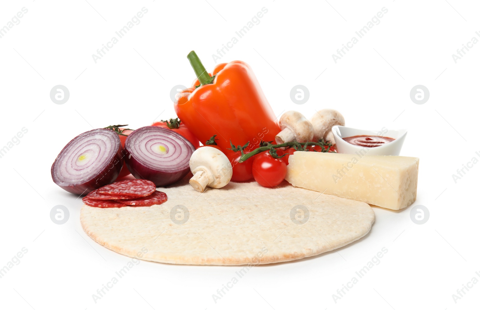 Photo of Composition with pizza crust and fresh ingredients isolated on white