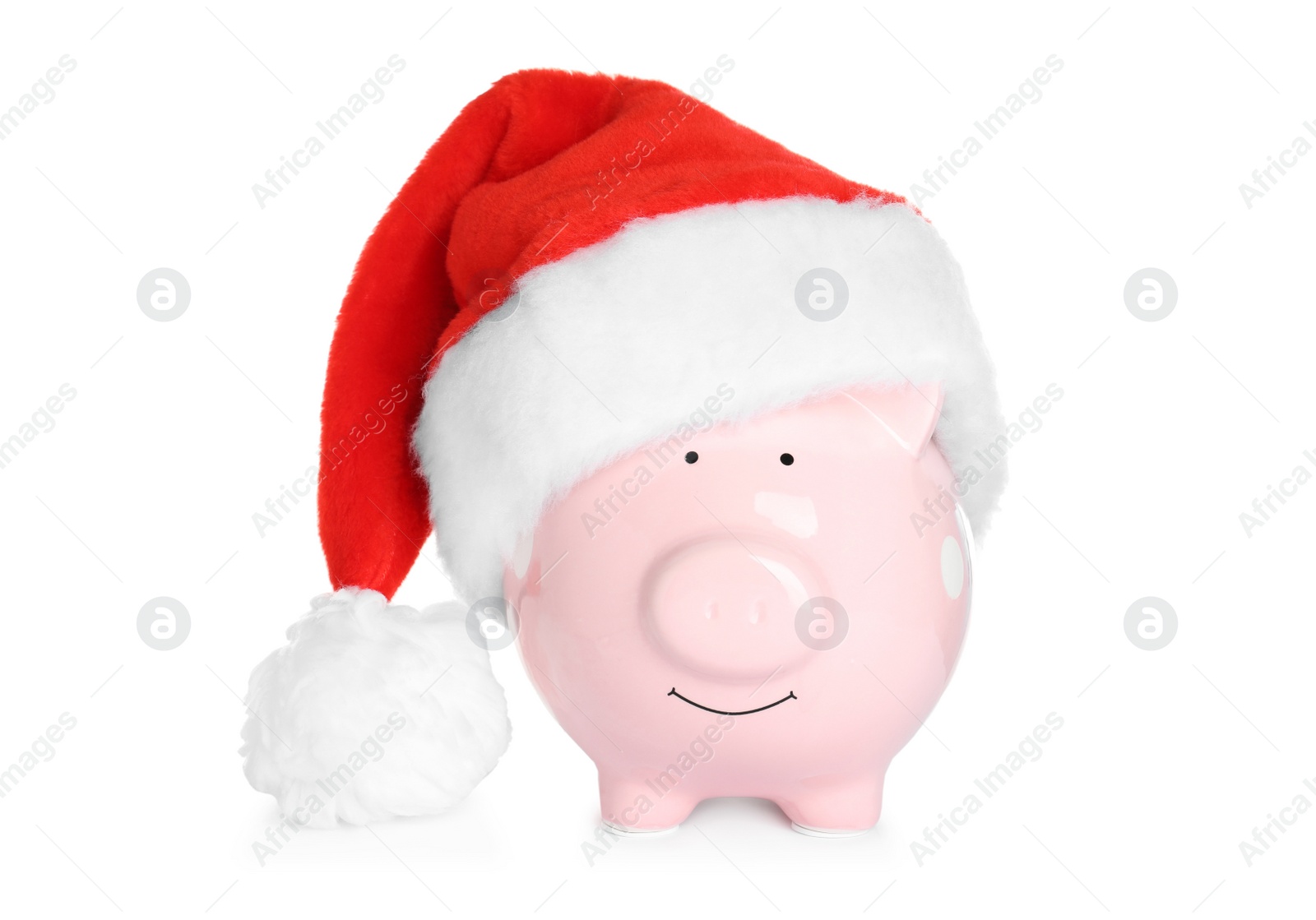 Photo of Cute piggy bank with Santa hat on white background