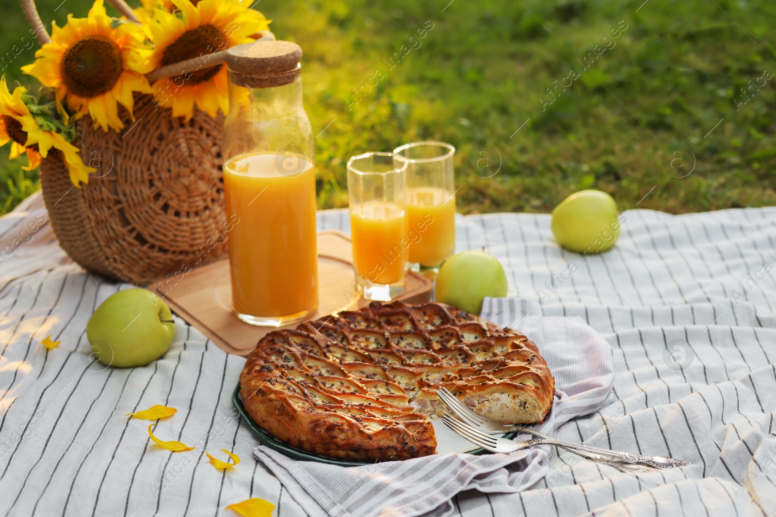 Photo of Picnic with delicious pie, apples and juice on blanket in garden