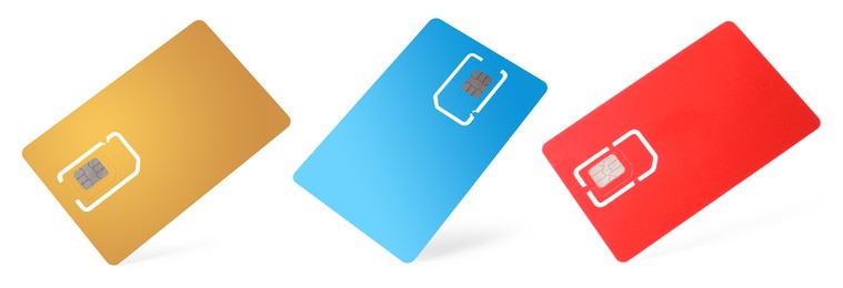 Set with different SIM cards on white background. Banner design