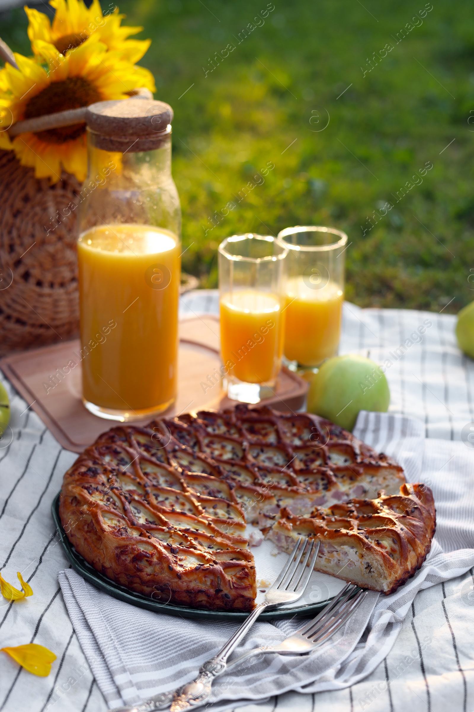 Photo of Picnic with delicious pie, apples and juice on blanket in garden