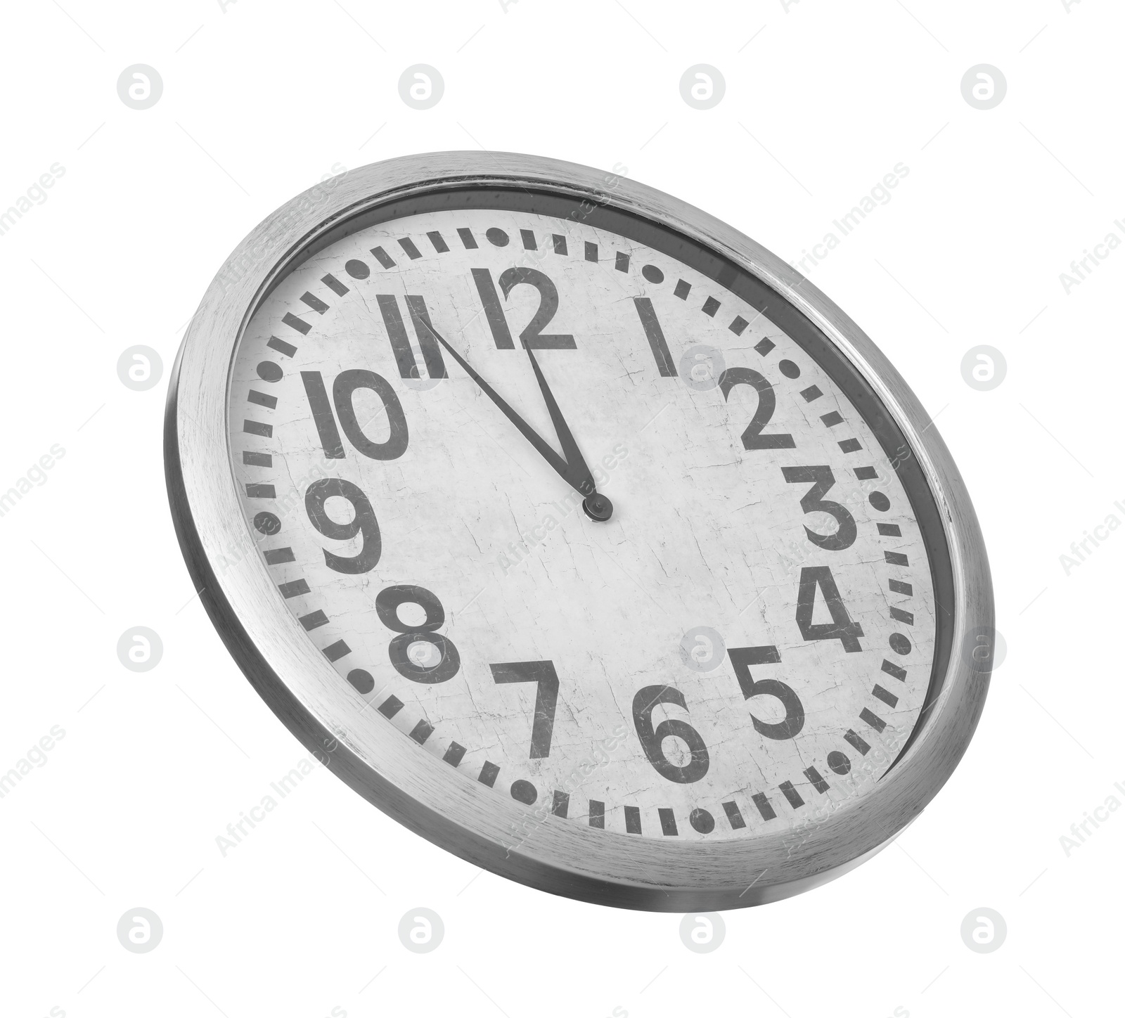 Photo of Clock showing five minutes until midnight on white background. New Year countdown