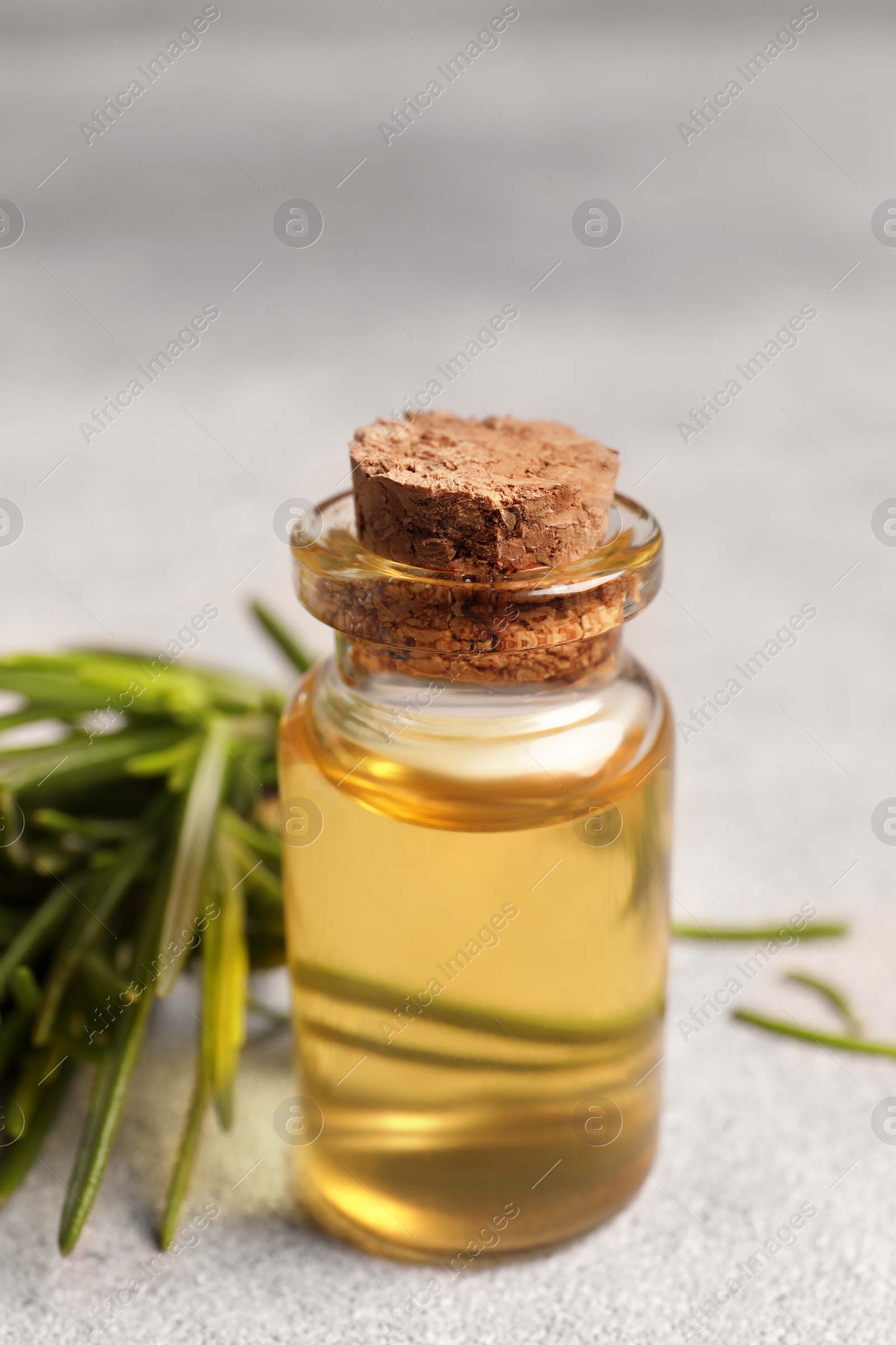 Photo of Bottle with essential oil and fresh rosemary on light textured table, closeup