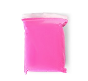 Photo of Package of pink play dough isolated on white, top view