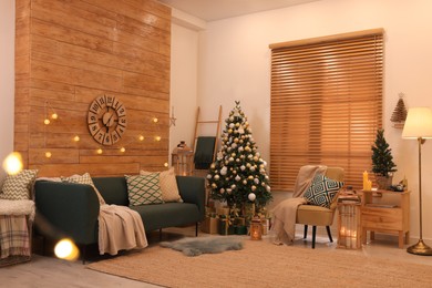 Photo of Spacious and cozy room interior with Christmas tree