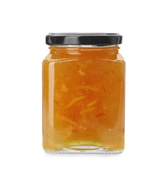 Photo of Delicious orange marmalade in jar on white background