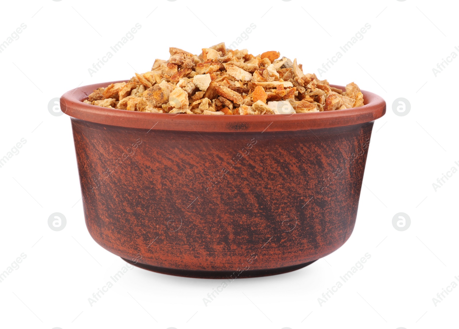 Photo of Bowl of dried orange zest seasoning isolated on white