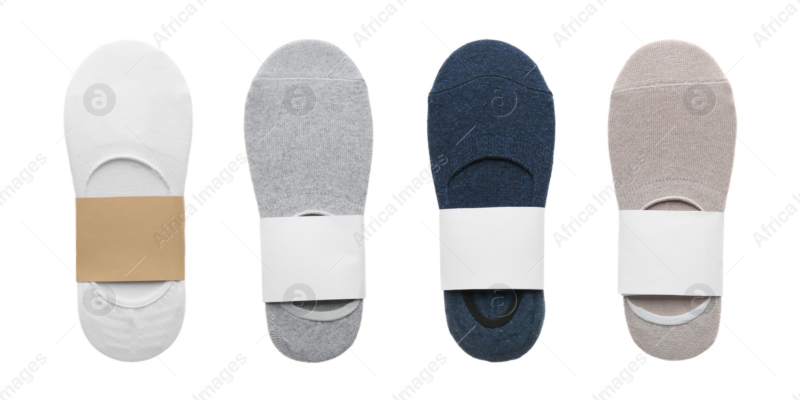 Image of Pairs of cotton socks with blank labels on white background, collage. Banner design