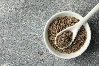 Bowl of caraway (Persian cumin) seeds and spoon on gray textured table, top view. Space for text