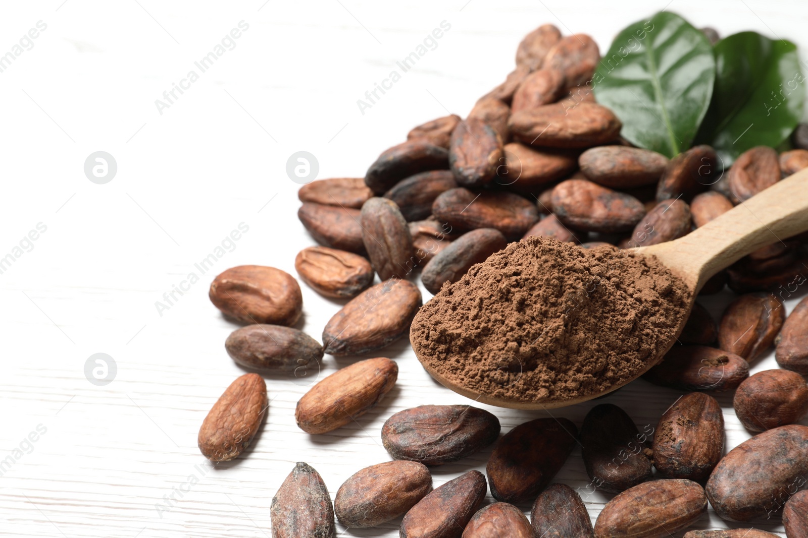 Photo of Composition with cocoa beans and powder on white wooden table, closeup. Space for text