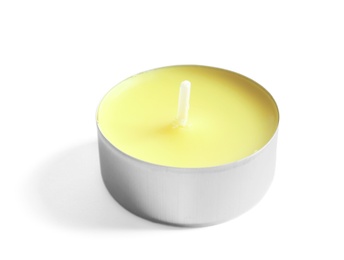 New small wax candle on white background