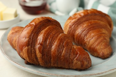 Plate with tasty croissants on light table, closeup
