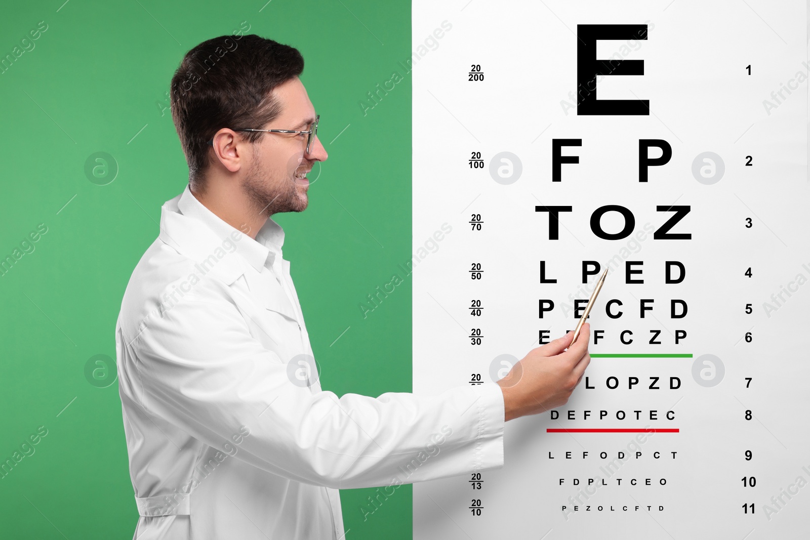 Image of Ophthalmologist pointing at vision test chart on green background