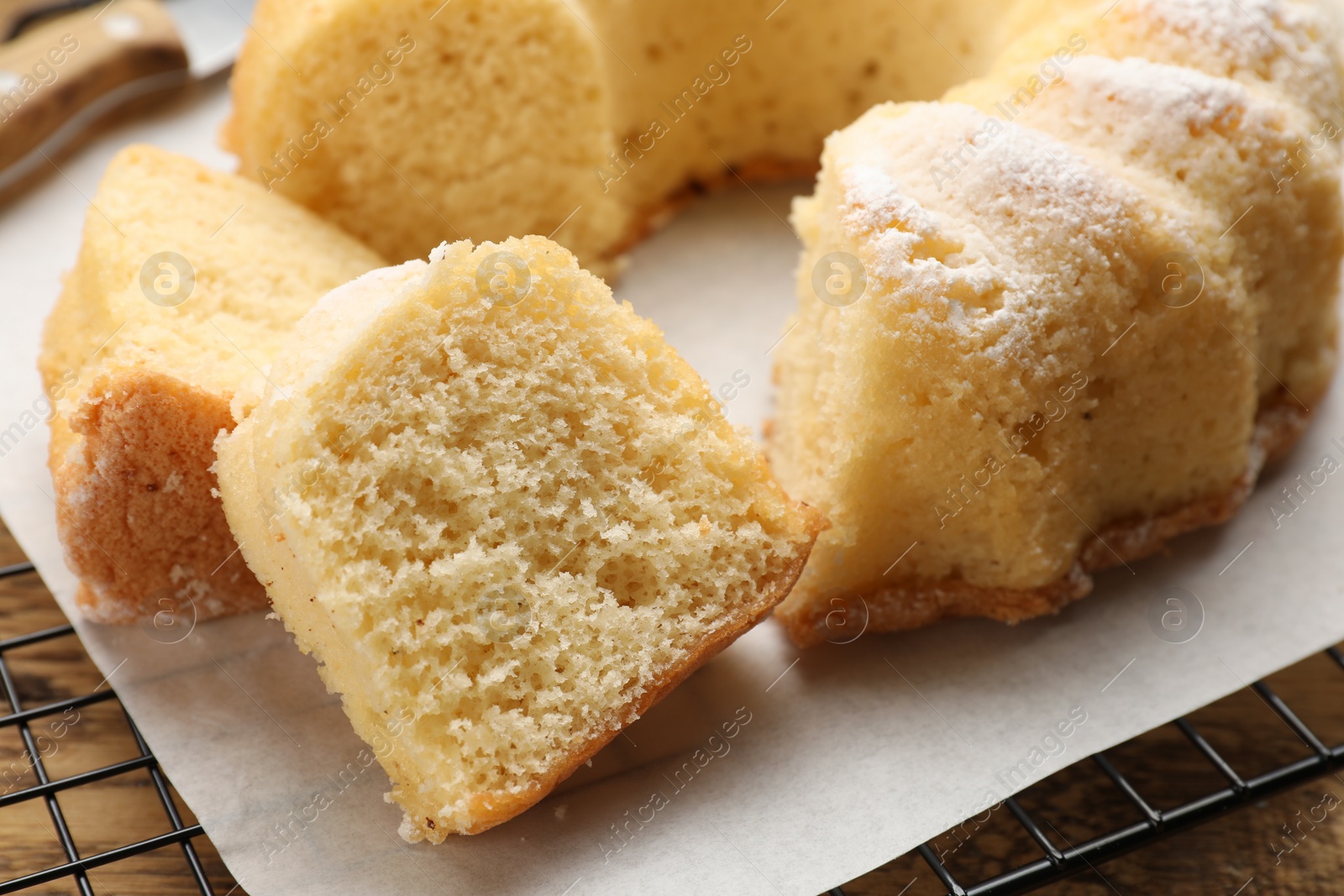 Photo of Delicious freshly baked sponge cake on table, closeup