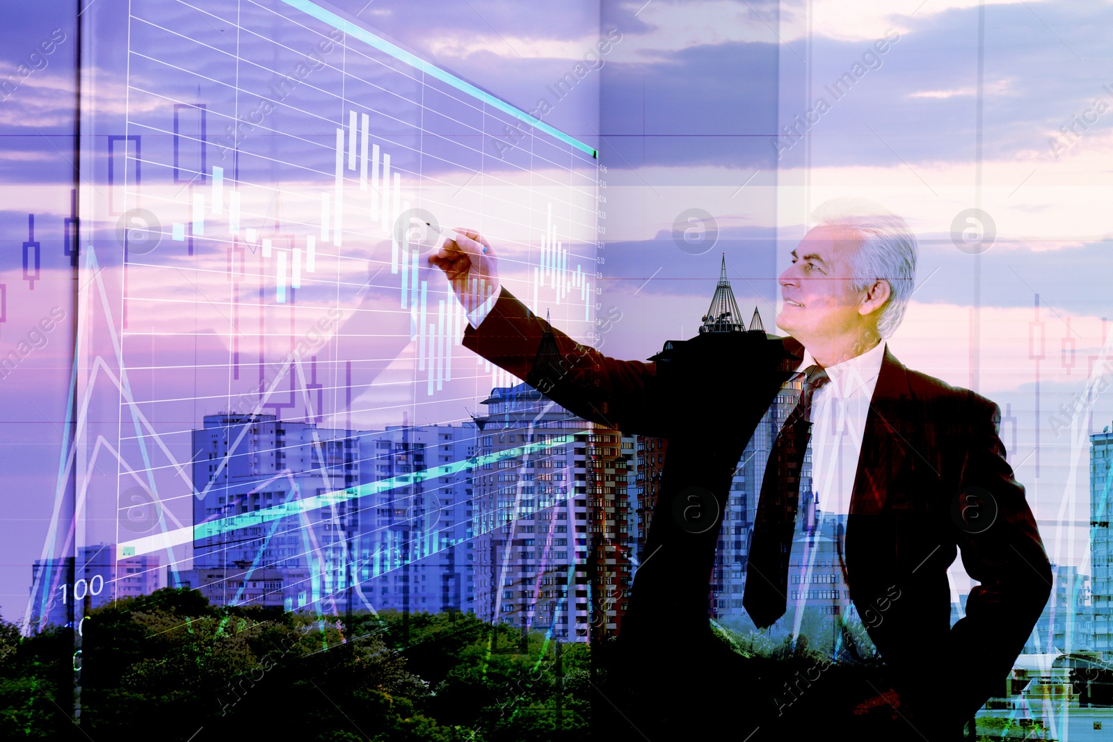 Image of Multiple exposure of senior businessman, graph and cityscape 
