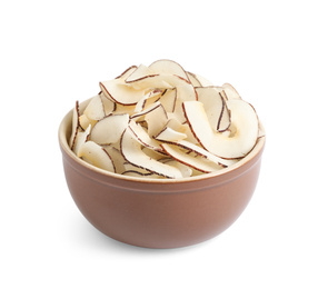 Photo of Tasty coconut chips in bowl isolated on white