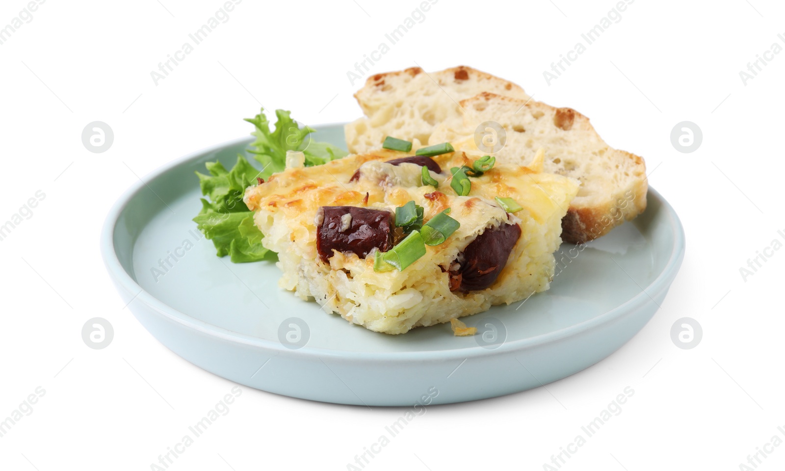 Photo of Tasty sausage casserole with green onion and bread isolated on white