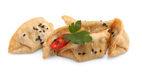 Photo of Delicious gyoza (asian dumplings) with sesame, parsley and pepper isolated on white