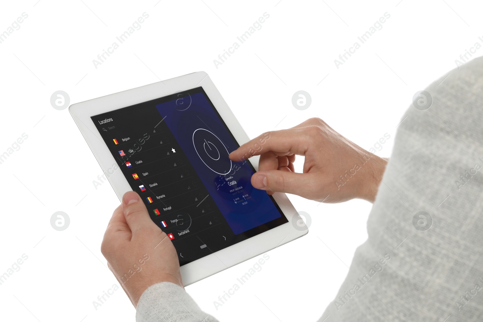 Image of Man using modern tablet with switched on VPN on white background, closeup