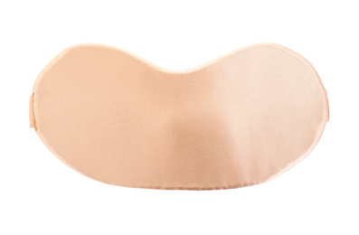 Photo of Beige sleeping eye mask isolated on white, top view. Bedtime