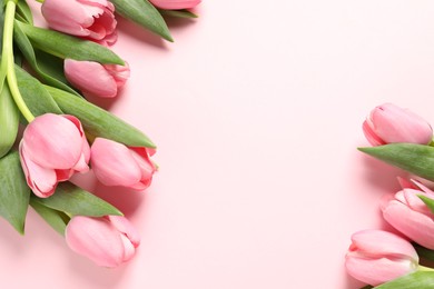 Happy Mother's Day. Beautiful tulips on pink background, flat lay. Space for text