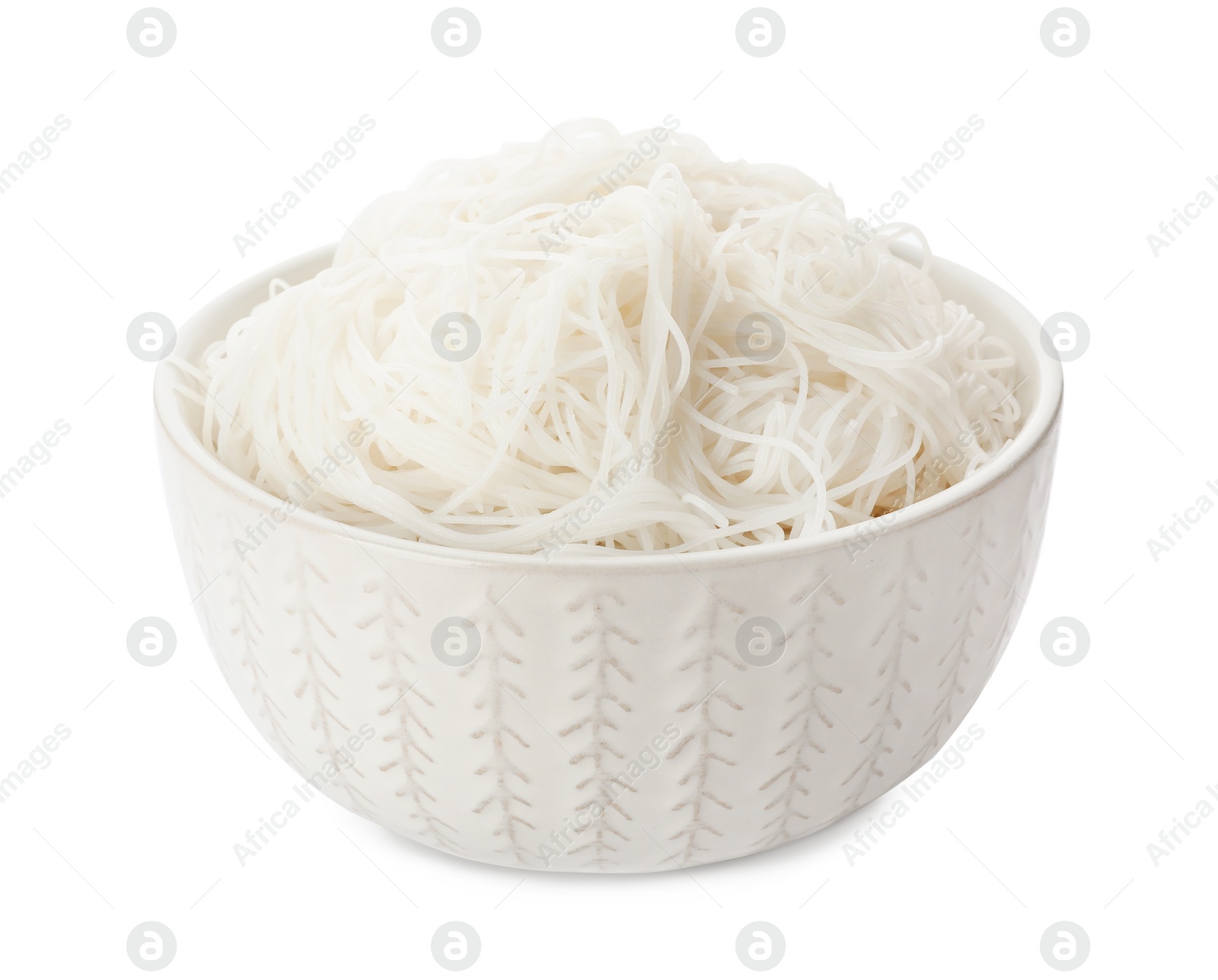 Photo of Bowl with rice noodles isolated on white