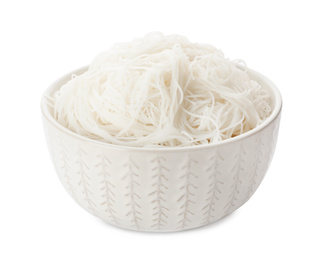 Photo of Bowl with rice noodles isolated on white