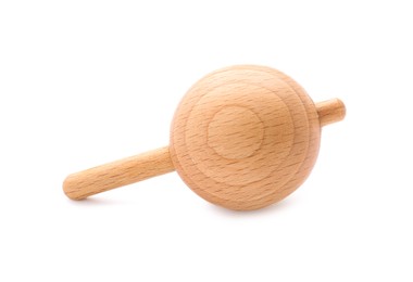 One wooden spinning top isolated on white. Toy whirligig