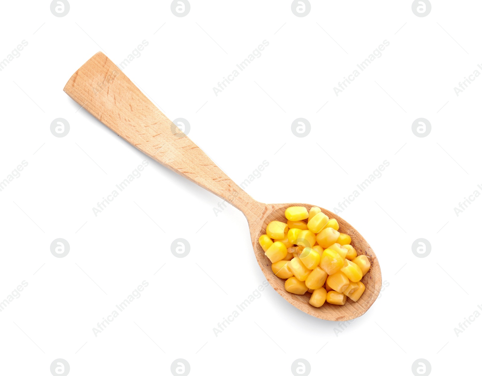 Photo of Wooden spoon with corn kernels on white background, top view