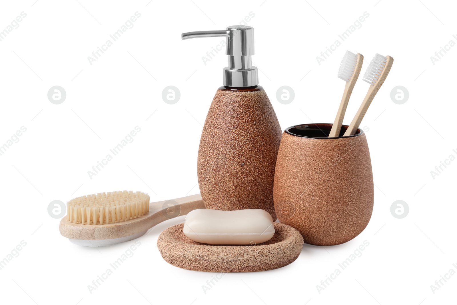 Photo of Bath accessories. Set of different personal care products isolated on white