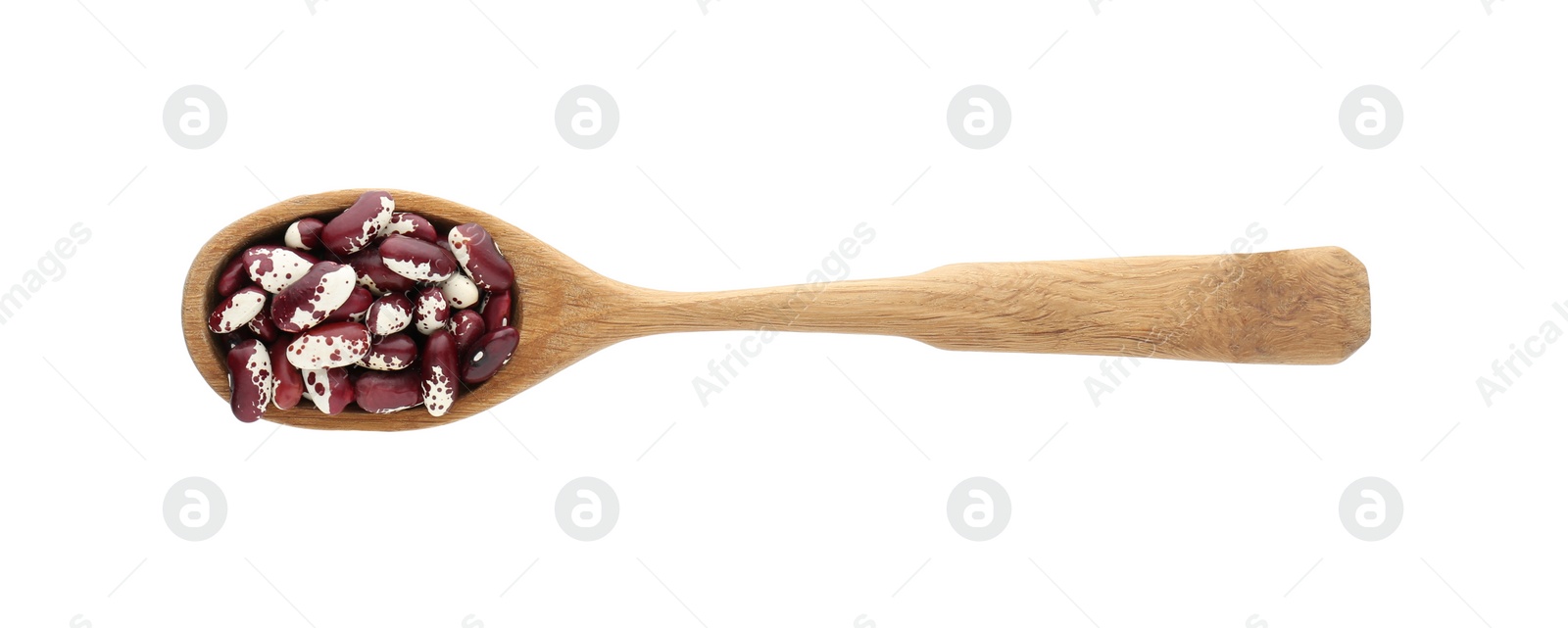 Photo of Wooden spoon with dry kidney beans isolated on white, top view