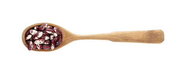 Wooden spoon with dry kidney beans isolated on white, top view