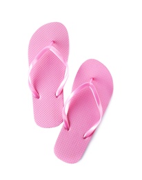 Photo of Bright flip flops on white background. Beach object