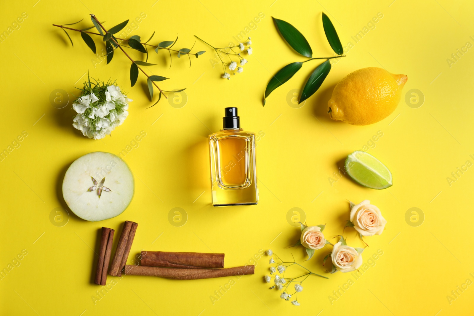 Photo of Beautiful composition with bottle of perfume, fruits and flowers on color background, flat lay