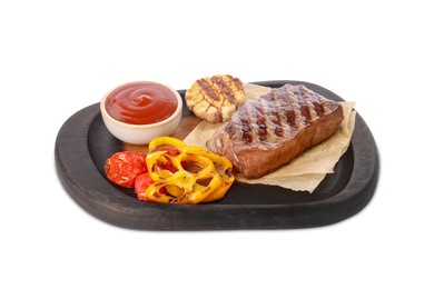Photo of Delicious grilled beef steak with spices and tomato sauce isolated on white