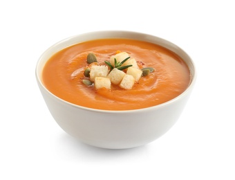 Bowl of tasty sweet potato soup isolated on white