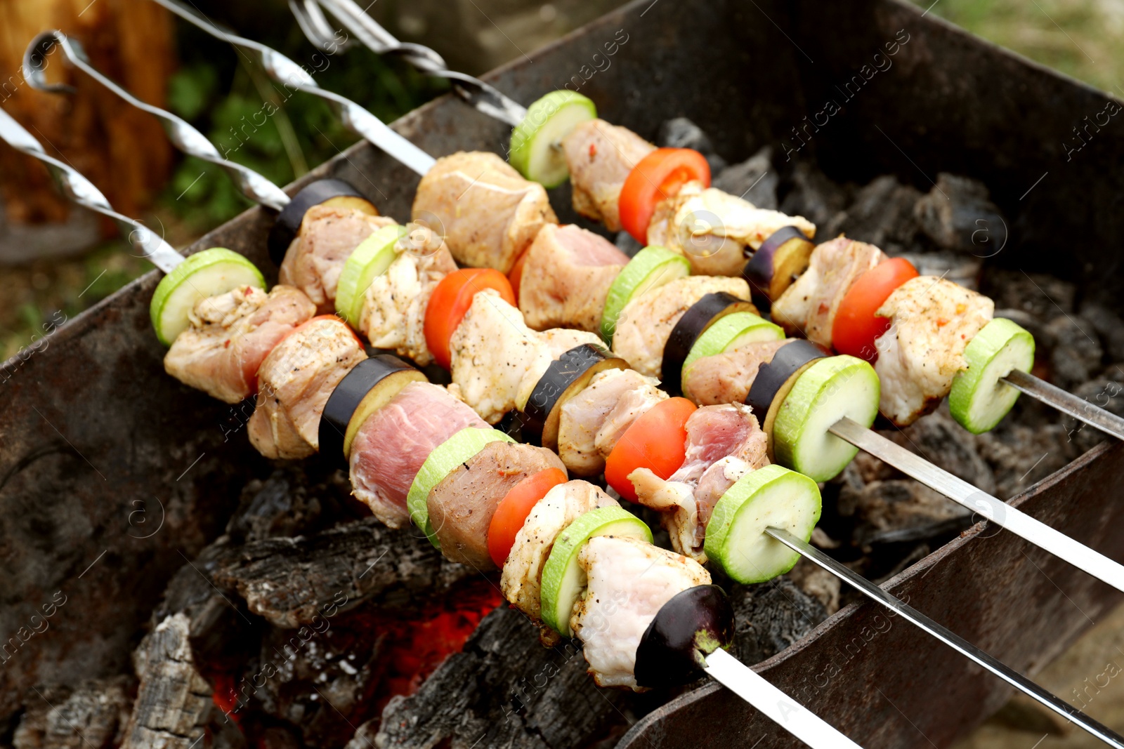 Photo of Cooking meat and vegetables on brazier outdoors