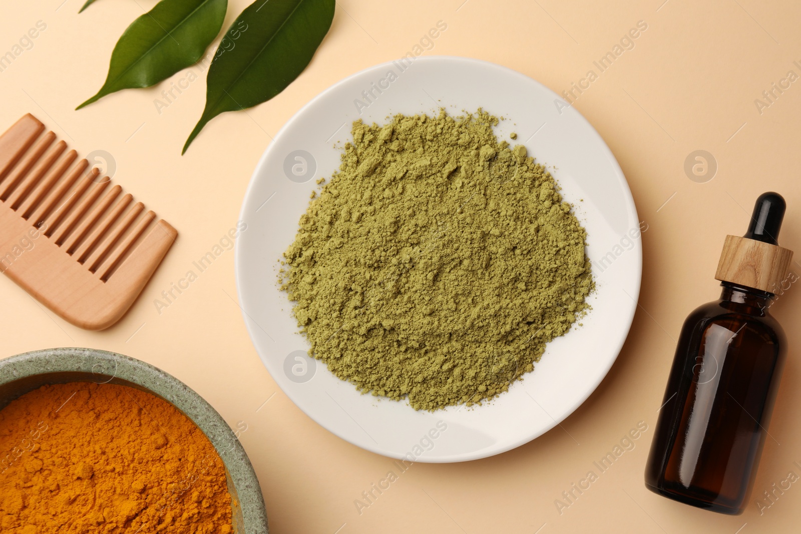 Photo of Flat lay composition with henna and turmeric powder on beige background. Natural hair coloring