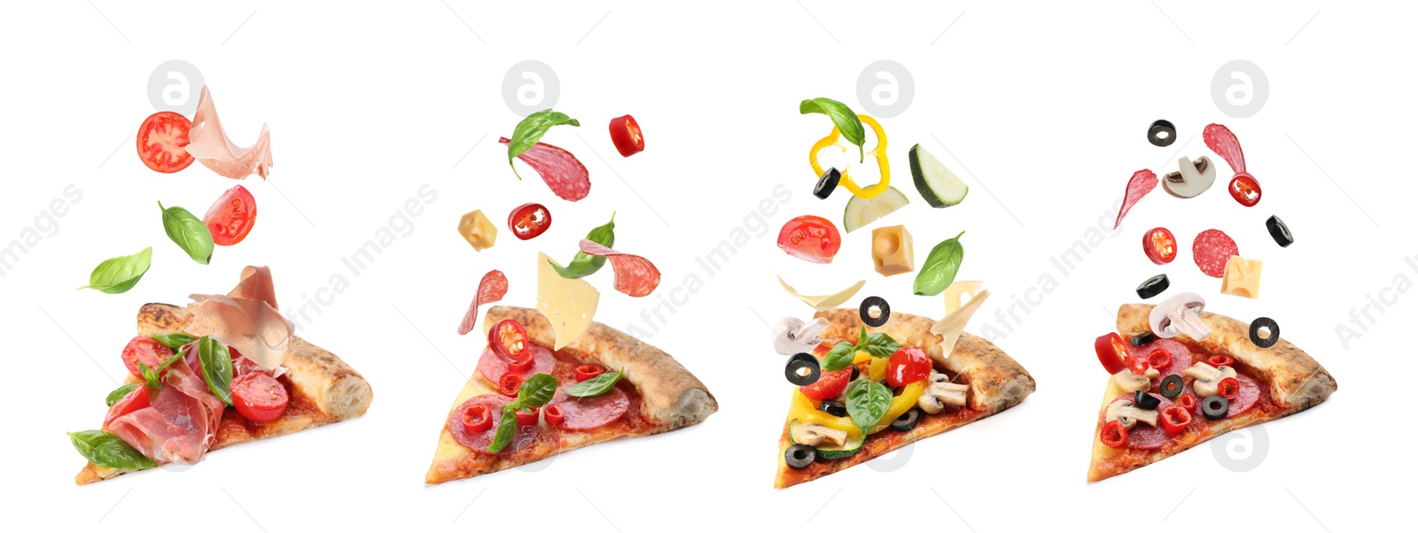 Image of Slices of delicious pizzas and flying ingredients on white background, collage. Banner design